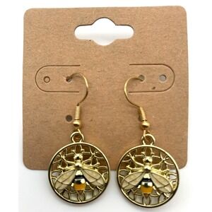 Gold Tone Bee Honeycomb Circle Dangle Earrings